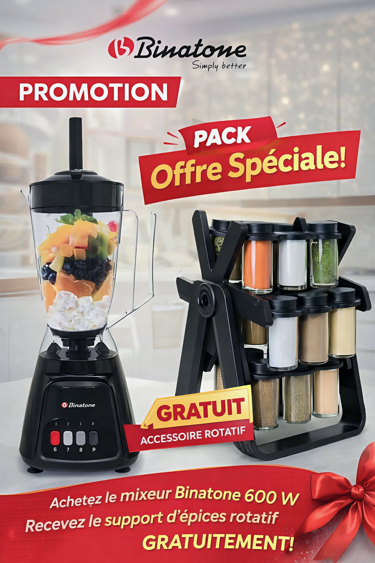 Moulinex Binatone 600W + Porte-Épices Rotatif Offert 🔥🎁