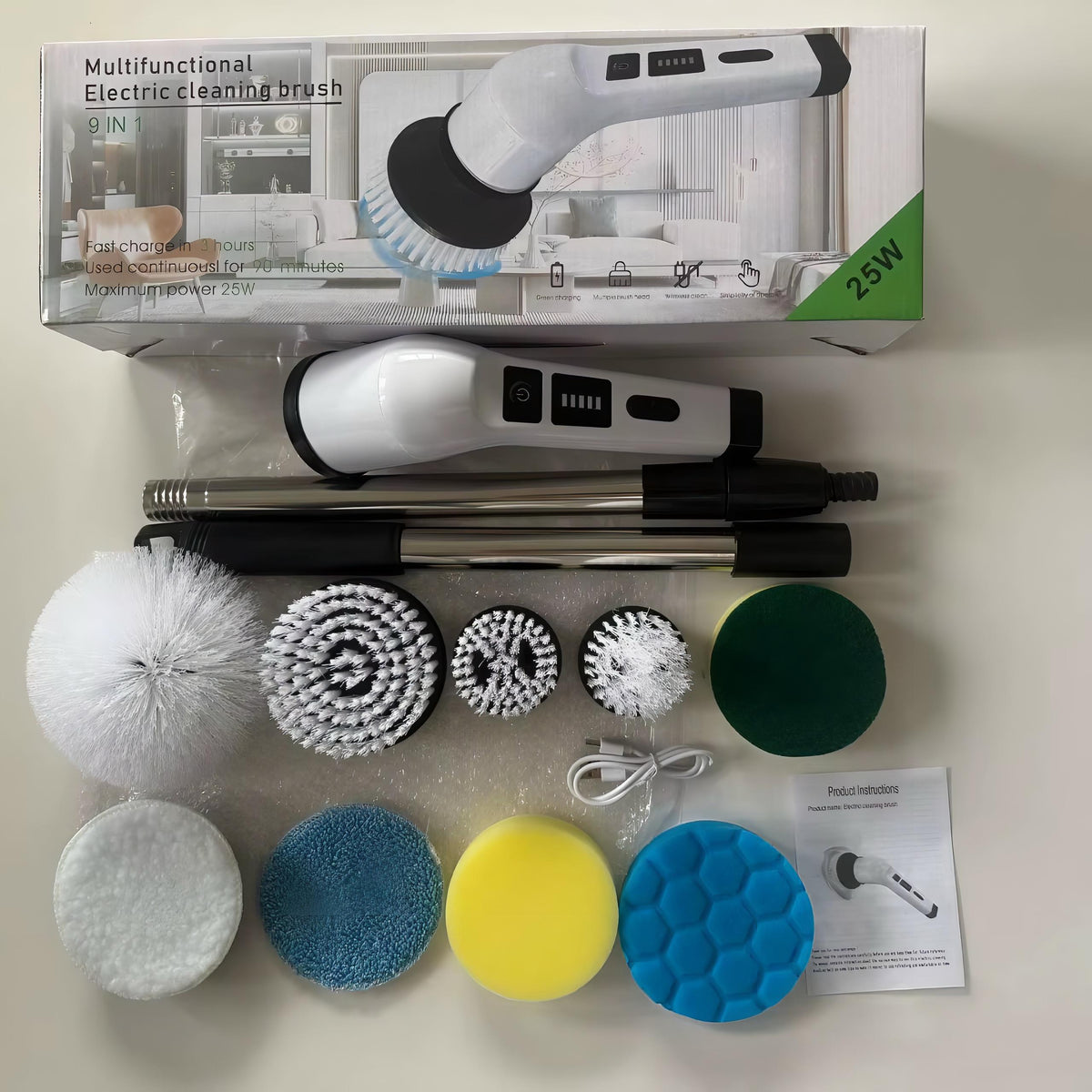 Brosse de Nettoyage Électrique Rechargeable avec Manche Extensible 9 en 1